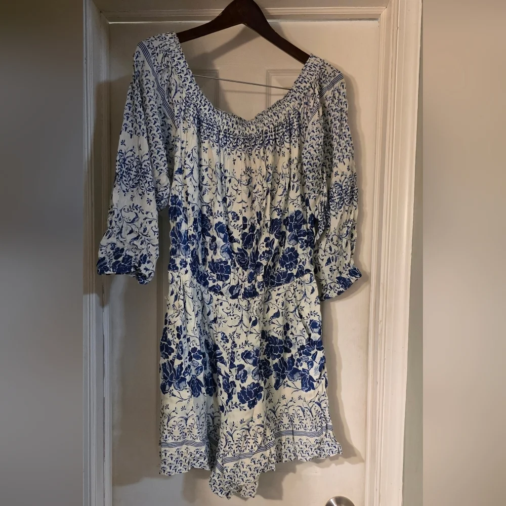 Anthropologie Blue and White Floral Clemente Off the Shoulder Romper - Picture 5 of 10